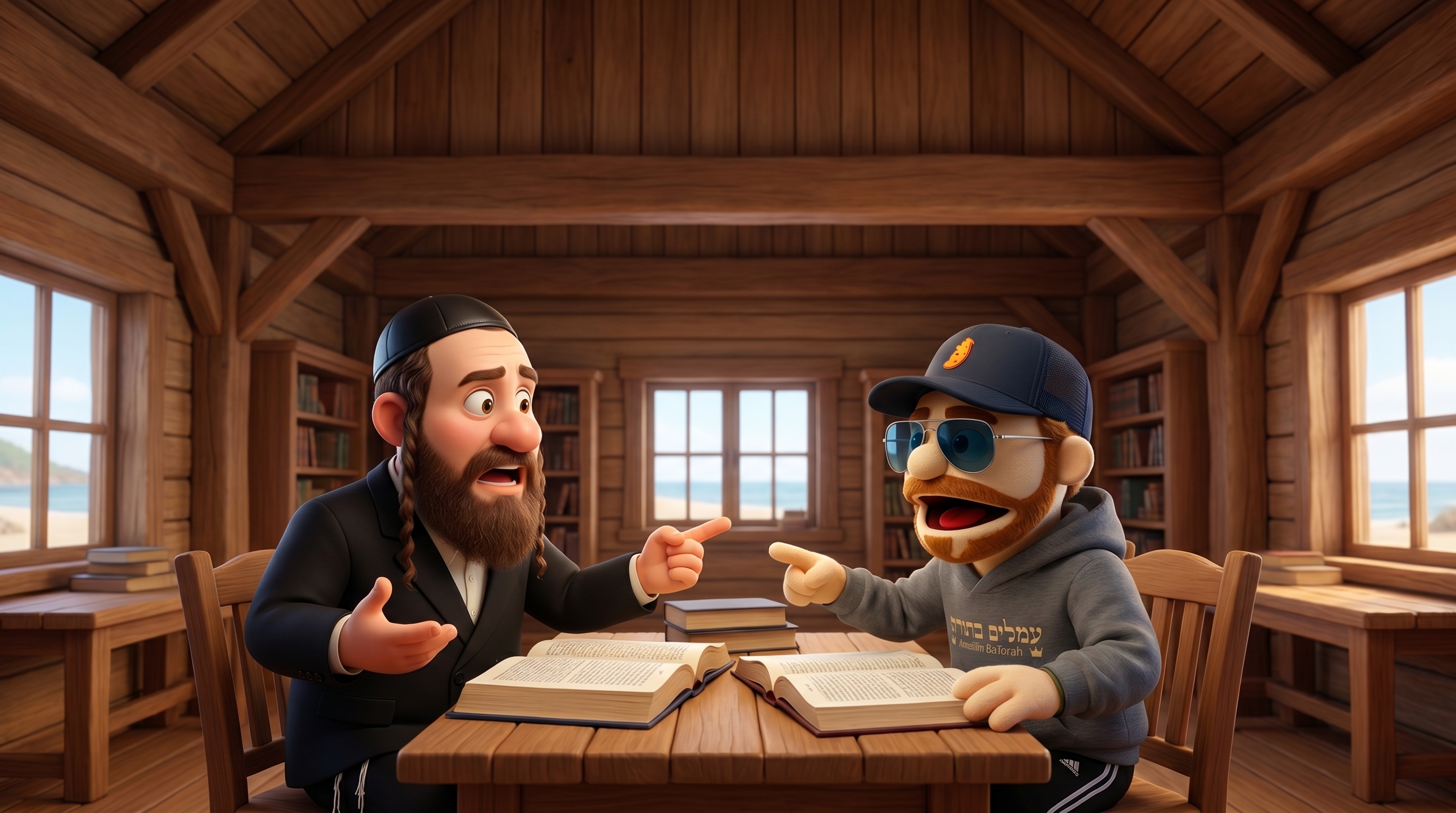 Two people who look like they're arguing at a table of seforim